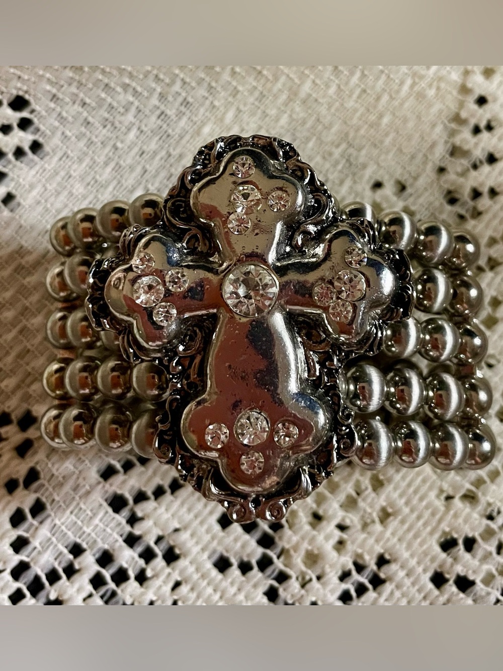 Silver Rhinestone Cross Stretch Bracelet Goth or Western Look - Picture 7 of 7